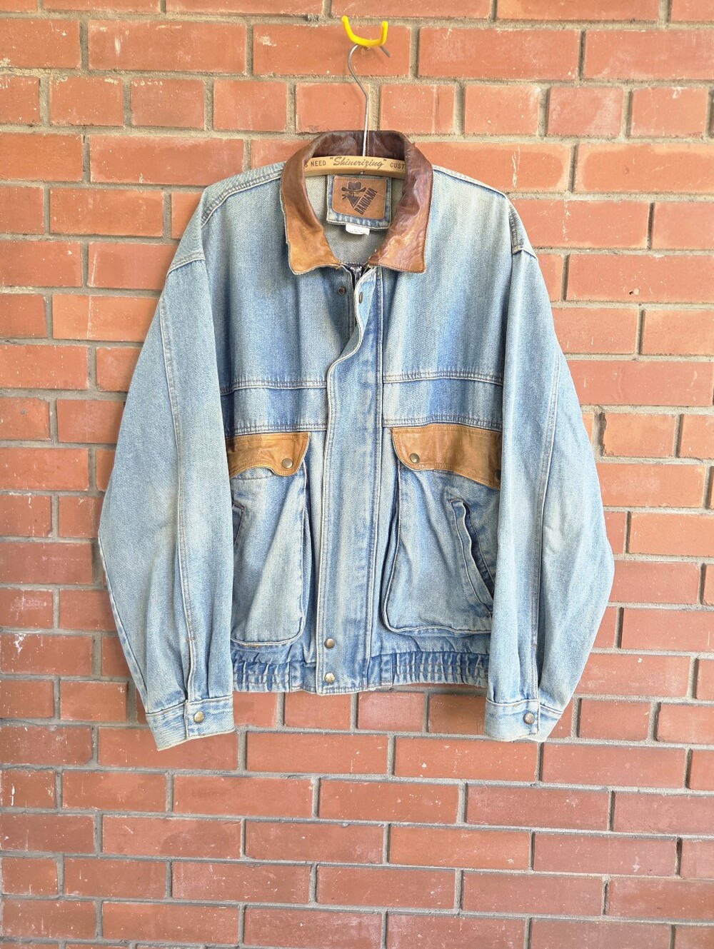 Vintage 90s BANDANA Denim Bomber Jacket Leather Collar Trim Size L Western